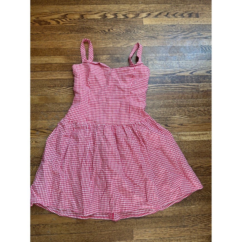 Kourt Red Gingham Linen Blend Mini Dress Smocked Back Size 6 Sundress